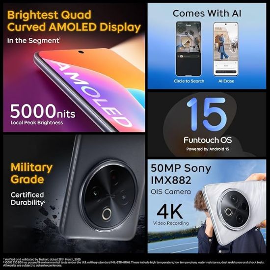 iQOO Z10 5G (సిల్వర్, 8GB RAM, 128GB స్ట్రాజ్) | భారతదేశపు అతిపెద్ద 7300 mAh బ్యాటరీ | Snapdragon 7s Gen 3 ప్రాసెసర్ | సెగ్మెంట్‌లో ప్రకాశవంతమైన క్వాడ్ కర్వ్డ్ AMOLED డిస్‌ప్లే యొక్క చిత్రం