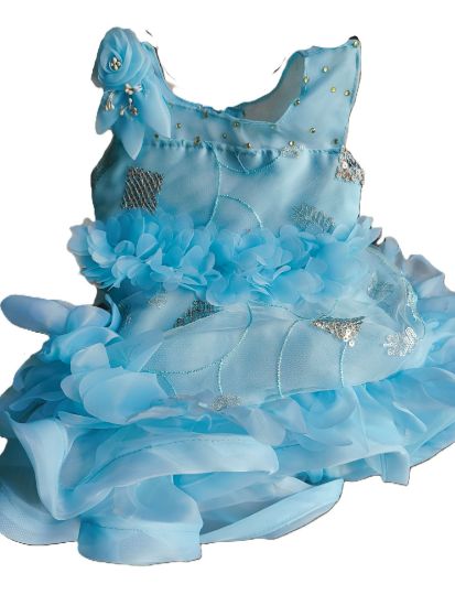 Barbet Sequence Embroidered Net Flaired Sleeve Less Baby Girl Frock (Aqua Blue, 1-2Y) యొక్క చిత్రం