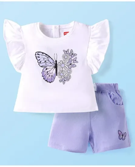 Single Jersey Knit Sleeveless Top & Shorts Set with Butterfly & Floral Print - White & Purple యొక్క చిత్రం