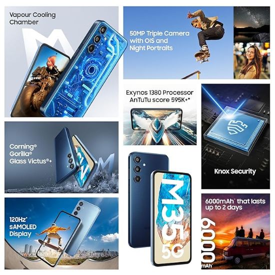 Samsung Galaxy M35 5G (డేబ్రేక్ బ్లూ,6GB RAM,128GB నిల్వ)| కార్నింగ్ గొరిల్లా గ్లాస్ విక్టస్+| AnTuTu స్కోర్ 595K+ | ఆవిరి శీతలీకరణ గది | 6000mAh బ్యాటరీ | 120Hz సూపర్ AMOLED డిస్ప్లే| ఛార్జర్ లేకుండా యొక్క చిత్రం