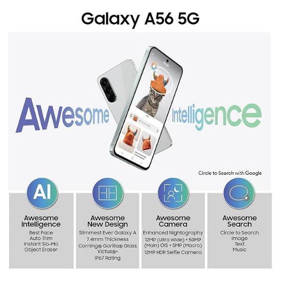 Samsung Galaxy A56 5G (అద్భుతం గ్రాఫైట్, 12GB, 256GB) | అద్భుతమైన తెలివితేటలు: సర్కిల్ టు సెర్చ్, ఇంటెలిజెంట్ ఎడిటింగ్ | అద్భుతమైన 6 OS & 6 సంవత్సరాల భద్రతా నవీకరణలు | IP67 యొక్క చిత్రం