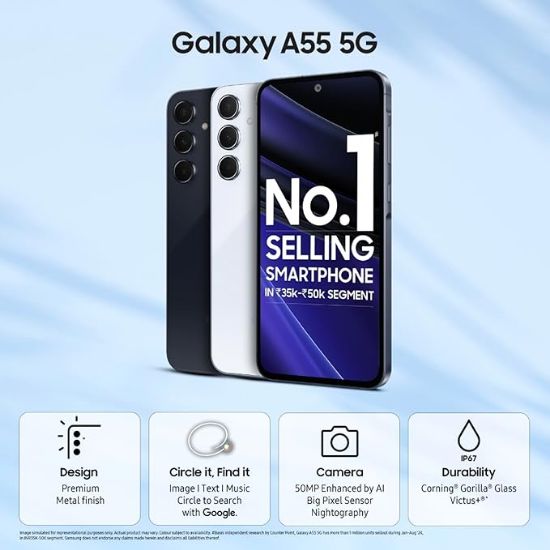 Samsung Galaxy A55 5G (అద్భుతం నేవీ, 8GB RAM, 256GB నిల్వ) | మెటల్ ఫ్రేమ్ | 50 MP ప్రధాన కెమెరా (OIS) | నైట్గ్రఫీ | IP67 | కార్నింగ్ గొరిల్లా గ్లాస్ విక్టస్+ | విజన్ బూస్టర్‌తో sAMOLED యొక్క చిత్రం
