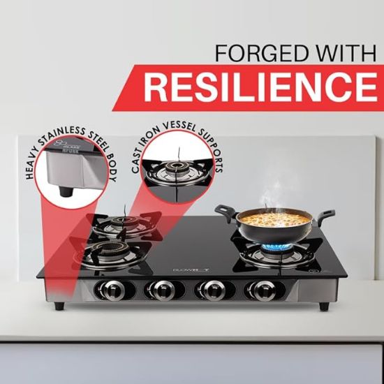 BLOWHOT హెవీ బ్రాస్ బర్నర్ 4 బర్నర్ మాన్యువల్ గ్యాస్ స్టవ్ - టఫ్నెడ్ గ్లాస్ కుక్ టాప్ - స్టెయిన్‌లెస్ స్టీల్ ఫ్రేమ్ - ISI సర్టిఫైడ్ - బర్నర్, గ్యాస్ స్టవ్ వాల్వ్ మరియు గ్లాస్‌పై బ్లోహాట్ ద్వారా 2 సంవత్సరాల వారంటీ యొక్క చిత్రం