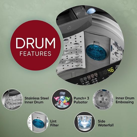 LG 9 కేజీ, 5 స్టార్, స్మార్ట్ ఇన్వర్టర్ టెక్నాలజీ, టర్బోడ్రమ్, ఫుల్లీ ఆటోమేటిక్ టాప్ లోడ్ వాషింగ్ మెషిన్ (T90AJMB1Z, Jetspray+, Turbowash, Auto Tub Clean after every wash cycle, Middle Black) యొక్క చిత్రం