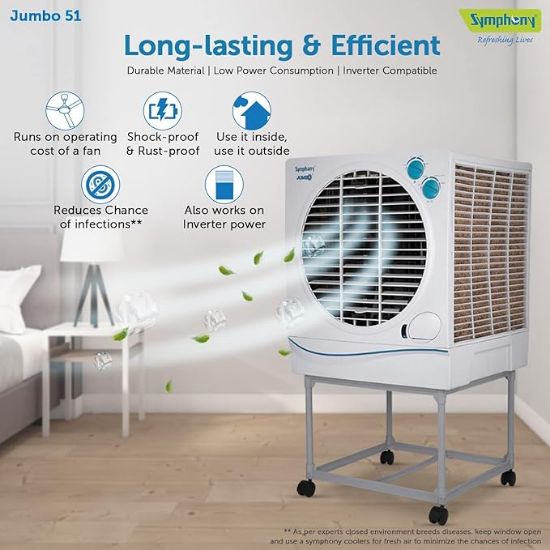 సింఫనీ జంబో 51 డెసర్ట్ ఎయిర్ కూలర్ ఇంటి కోసం ఆస్పెన్ ప్యాడ్‌లు, పవర్‌ఫుల్ ఫ్యాన్, కూల్ ఫ్లో డిస్పెన్సర్ మరియు ఉచిత ట్రాలీ (51లీ, వైట్) యొక్క చిత్రం