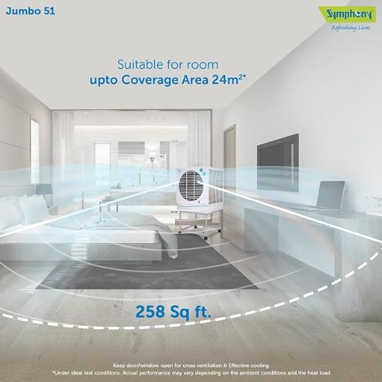 సింఫనీ జంబో 51 డెసర్ట్ ఎయిర్ కూలర్ ఇంటి కోసం ఆస్పెన్ ప్యాడ్‌లు, పవర్‌ఫుల్ ఫ్యాన్, కూల్ ఫ్లో డిస్పెన్సర్ మరియు ఉచిత ట్రాలీ (51లీ, వైట్) యొక్క చిత్రం