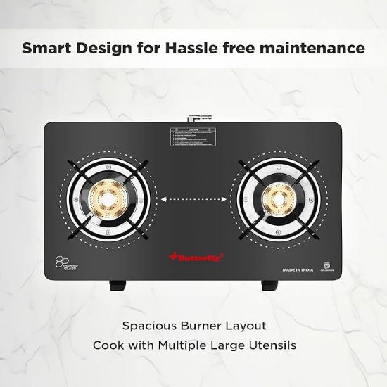 బటర్‌ఫ్లై స్మార్ట్ 2 బర్నర్ గ్లాస్ టాప్ గ్యాస్ స్టవ్ | మాన్యువల్ ఇగ్నిషన్ | స్క్రాచ్ రెసిస్టెంట్ టఫ్నెడ్ గ్లాస్ | బ్రాస్ బర్నర్స్ | స్కిడ్ ప్రూఫ్ కాళ్ళు | 1 సంవత్సరం తయారీదారు యొక్క వారంటీ | నలుపు యొక్క చిత్రం