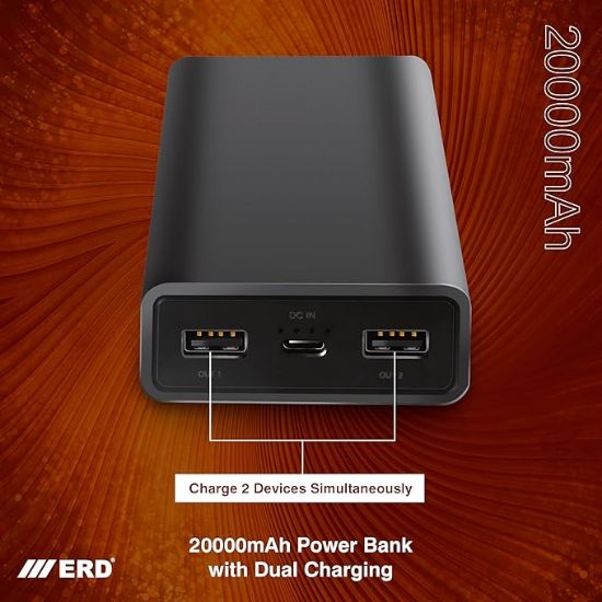 ERD PB-20KE 20000 mAh లి-పాలిమర్ పవర్ బ్యాంక్ | ఐఫోన్‌లు, ఆండ్రాయిడ్ ఫోన్‌లు, స్మార్ట్ వాచీలు & మరిన్నింటి కోసం ఏకకాలంలో 2 పరికరాలను ఛార్జ్ చేయడానికి పోర్టబుల్ ఛార్జర్ వేగంగా ఛార్జింగ్ అవుతుంది యొక్క చిత్రం