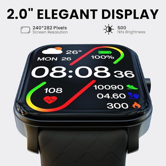 CELLECOR A2 PRO FIRE 2.0" BT కాలింగ్ స్మార్ట్‌వాచ్, వాయిస్ అసిస్టెంట్, 500 NITS, ఎల్లప్పుడూ ఆన్‌లో ఉంటుంది, 120+ స్పోర్ట్స్ మోడ్‌లు, IP68, SpO2, హార్ట్ రేట్ మానిటరింగ్, BT-V5.0 - నలుపు యొక్క చిత్రం