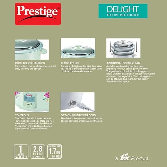 ప్రెస్టీజ్ PRWO 2.8-2 ఎలక్ట్రిక్ రైస్ కుక్కర్ 2.8L క్లోజ్ ఫిట్ మూతతో|తెలుపు|ముడి సామర్థ్యం-1.7 లీటర్లు|వండిన సామర్థ్యం-2.8 లీటర్లు|పెద్ద కుటుంబానికి వంటలు యొక్క చిత్రం