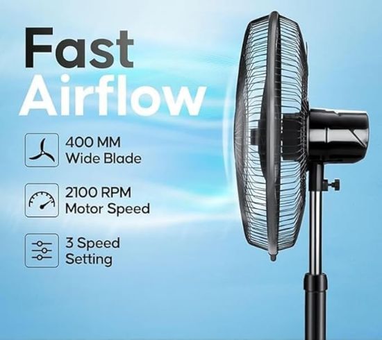 పోలార్ ఫరటా పెడెస్టల్ ఫ్యాన్, హై స్పీడ్, ఆసిలేటింగ్ స్టాండ్ ఫ్యాన్ విత్ మెటల్ బేస్, బ్లాక్ యొక్క చిత్రం