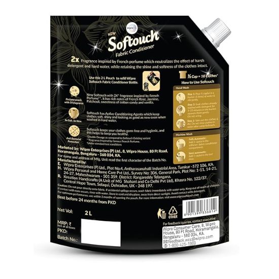 విప్రో ద్వారా SofTouch 2X ఫ్రెంచ్ పెర్ఫ్యూమ్ ఫ్యాబ్రిక్ కండీషనర్ రీఫిల్ ప్యాక్, 2000ml యొక్క చిత్రం