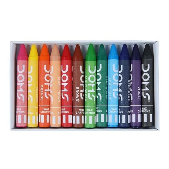 కార్డ్‌బోర్డ్ పెట్టెలో DOMS నాన్-టాక్సిక్ వ్యాక్స్ క్రేయాన్ సెట్ యొక్క చిత్రం