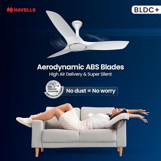 హావెల్స్ 1200mm స్టీల్త్ ఎయిర్ BLDC సీలింగ్ ఫ్యాన్ | వాయిస్ కంట్రోల్డ్, రిమోట్ కంట్రోల్డ్, హై ఎయిర్ డెలివరీ ఫ్యాన్, 5 స్టార్ రేటింగ్ | 60% వరకు శక్తి ఆదా, 2 సంవత్సరాల వారంటీ | (1 ప్యాక్, పెర్ల్ వైట్) యొక్క చిత్రం