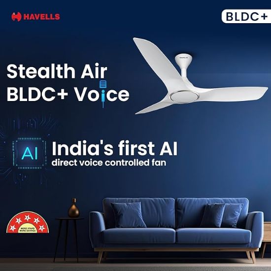 హావెల్స్ 1200mm స్టీల్త్ ఎయిర్ BLDC సీలింగ్ ఫ్యాన్ | వాయిస్ కంట్రోల్డ్, రిమోట్ కంట్రోల్డ్, హై ఎయిర్ డెలివరీ ఫ్యాన్, 5 స్టార్ రేటింగ్ | 60% వరకు శక్తి ఆదా, 2 సంవత్సరాల వారంటీ | (1 ప్యాక్, పెర్ల్ వైట్) యొక్క చిత్రం