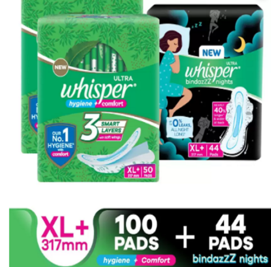 విస్పర్ కాంబో ఆఫ్ అల్ట్రా క్లీన్ మరియు బిండాజ్ నైట్స్ XL+ ఫర్ ఉమెన్ శానిటరీ ప్యాడ్ (144 ప్యాక్) యొక్క చిత్రం