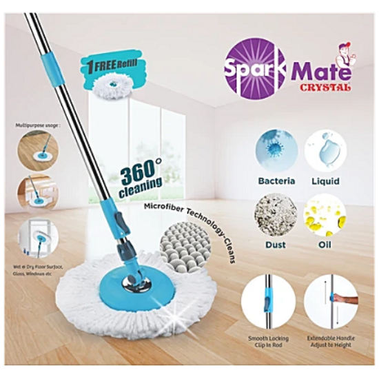 స్పార్క్‌మేట్ బై క్రిస్టల్ స్ట్రోలీ స్పిన్ మాప్ బకెట్ విత్ పుల్లీ & అటాచ్డ్ డ్రైనేజ్ నాబ్, స్టీల్ రింగర్, 1 ఉచిత మైక్రోఫైబర్ రీఫిల్, 360° క్లీనింగ్, హైట్ అడ్జస్టబుల్ రాడ్, 1 పిసి యొక్క చిత్రం