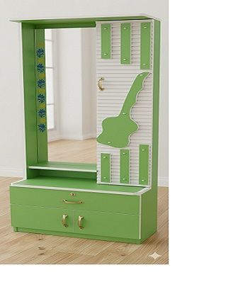 డ్రెస్సింగ్ టేబుల్, 2 ft నిడివి గల అద్దంతో కూడిన డ్రస్సర్, బహుశా చెక్కతో లేదా ఇంజనీర్డ్ కలపతో (MDF లేదా పార్టికల్‌బోర్డ్ వంటివి) తయారు చేయబడింది. యొక్క చిత్రం