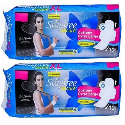స్టేఫ్రీ సెక్యూర్ కాటనీ ఎక్స్‌ట్రా లార్జ్ XL ( 12+12 ప్యాడ్‌లు ) శానిటరీ ప్యాడ్ (2 ప్యాక్) యొక్క చిత్రం